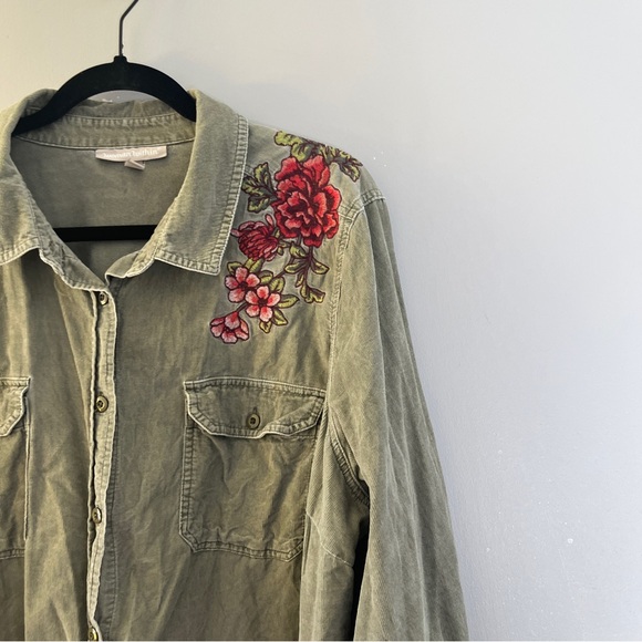Woman Within Olive Green Embroidered Corduroy Button Up Shirt Plus Size 1X - Picture 3 of 7